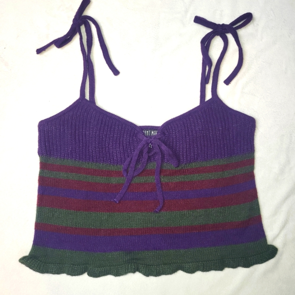 Current Mood X‎ Dolls Kill Crochet Crop Top Women's Size XL Purple Green Striped